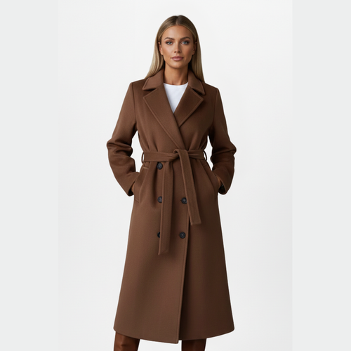 Belted Double-Breasted Long Coat - Brown - on model