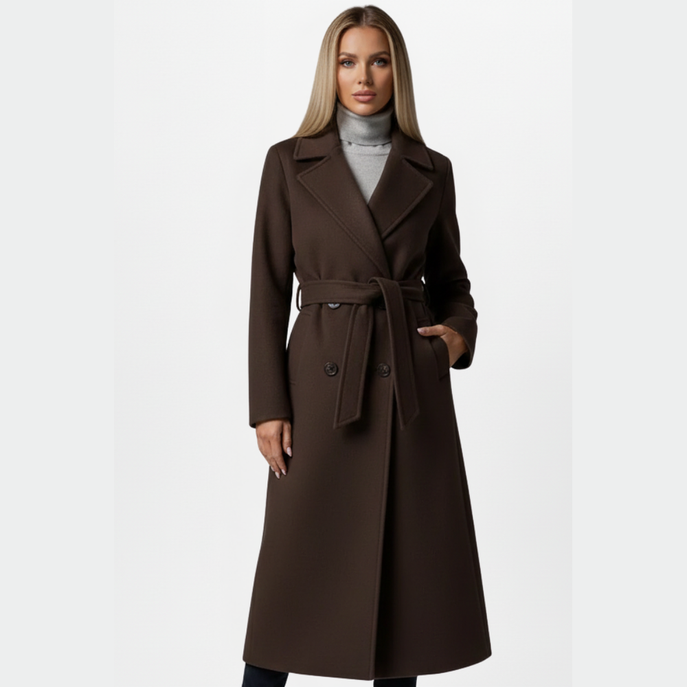 Belted Double-Breasted Long Coat - Chocolate Brown - on model