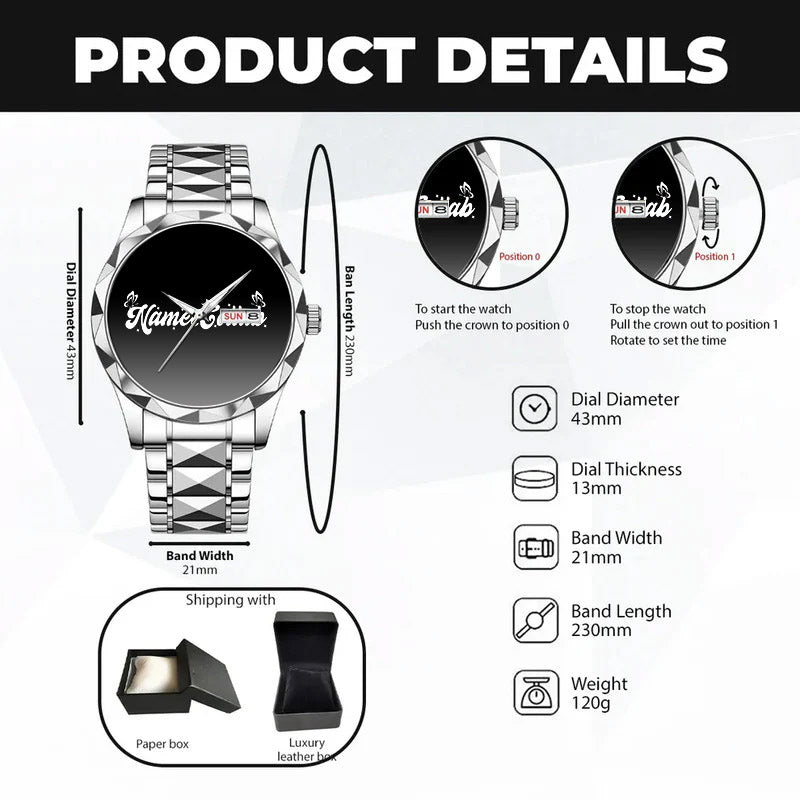 Men's Engraved Stainless Steel Watch | Water-Resistant Adjustable Dress Watch