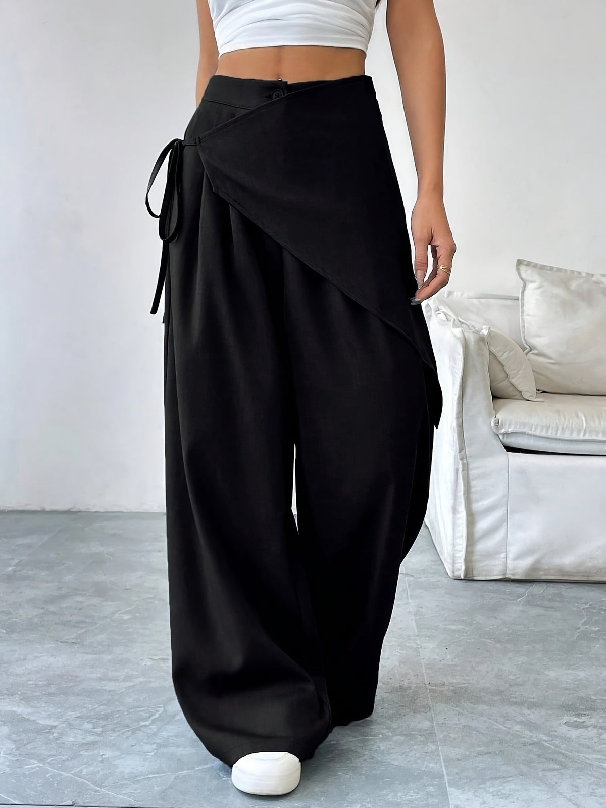 Women's High-Waisted Wrap Front Wide-Leg Pants | Lightweight Cotton Blend Pants