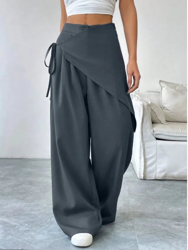Women's High-Waisted Wrap Front Wide-Leg Pants | Lightweight Cotton Blend Pants