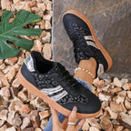 Leopard Print Retro Court Sneakers | Metallic Stripe Gum Sole Lace-Up Sneakers