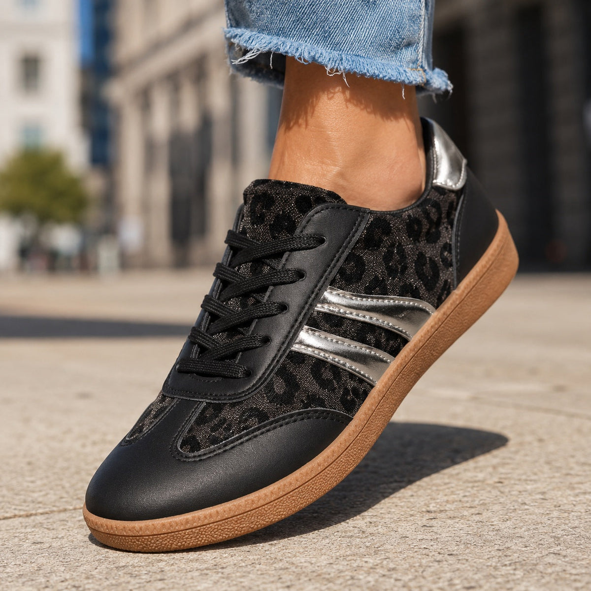 Leopard Print Retro Court Sneakers | Metallic Stripe Gum Sole Lace-Up Sneakers