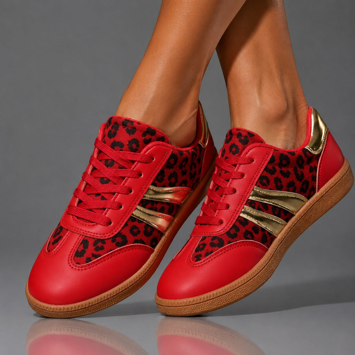 Leopard Print Retro Court Sneakers | Metallic Stripe Gum Sole Lace-Up Sneakers