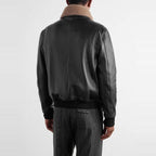 Men's Black Leather Bomber Jacket with Shearling Collar - on model