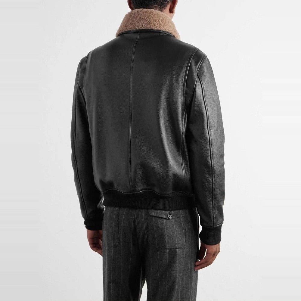 Men's Black Leather Bomber Jacket with Shearling Collar - on model