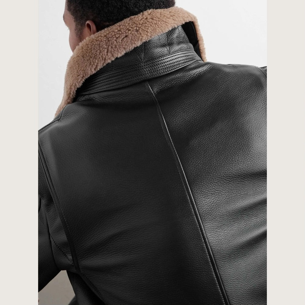 Men's Black Leather Bomber Jacket with Shearling Collar