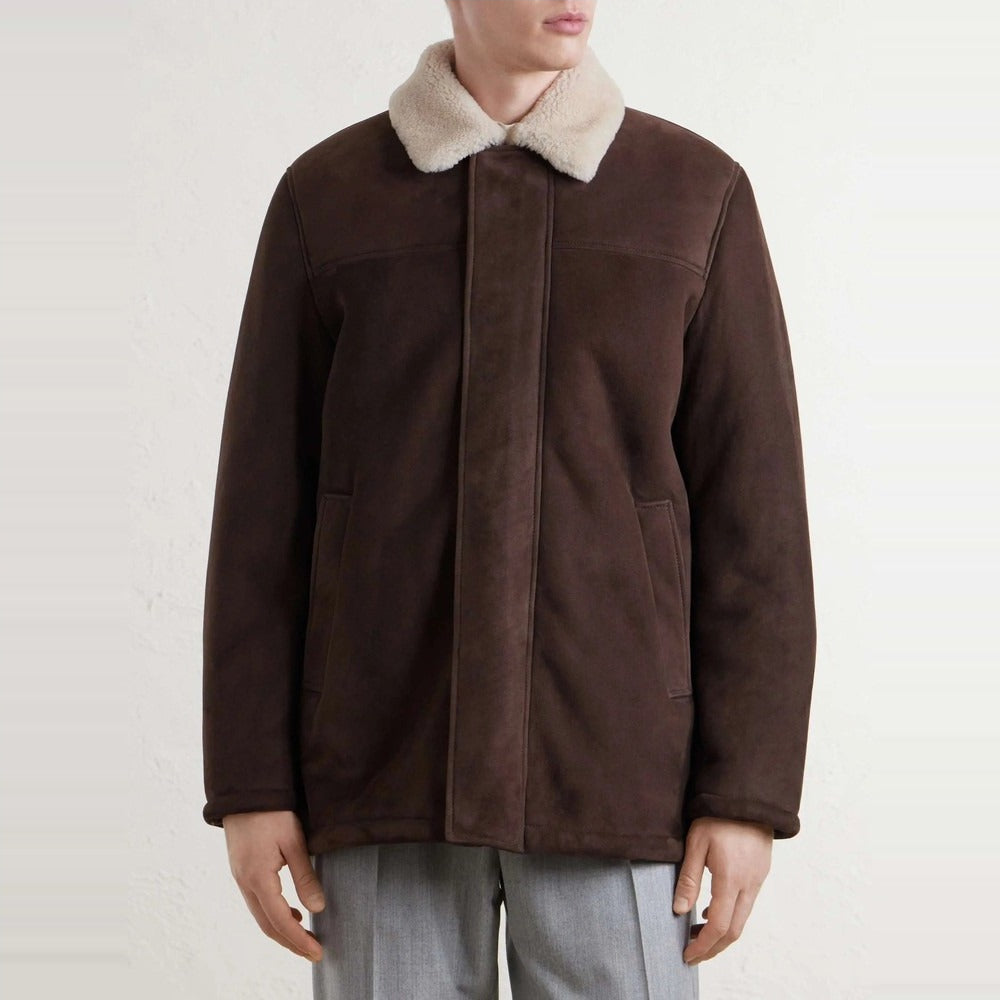Men's Brown Suede Jacket with Cream Shearling Collar - on model