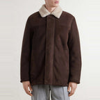Men's Brown Suede Jacket with Cream Shearling Collar - on model