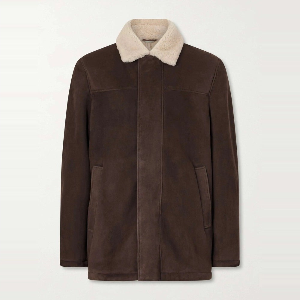 Men's Brown Suede Jacket with Cream Shearling Collar