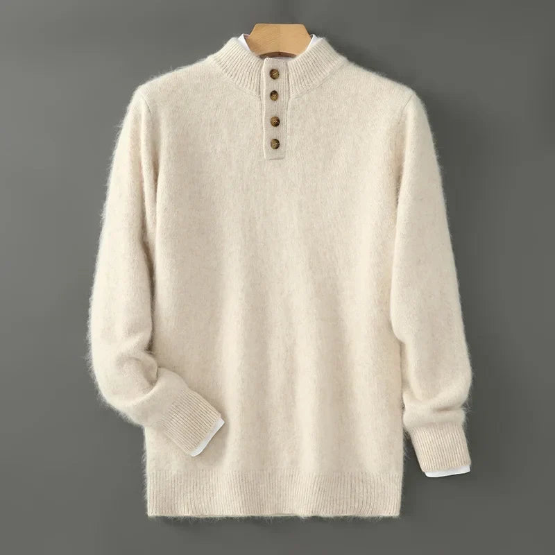 Men's Brushed Wool Sweater | Button Placket Pullover - Beige