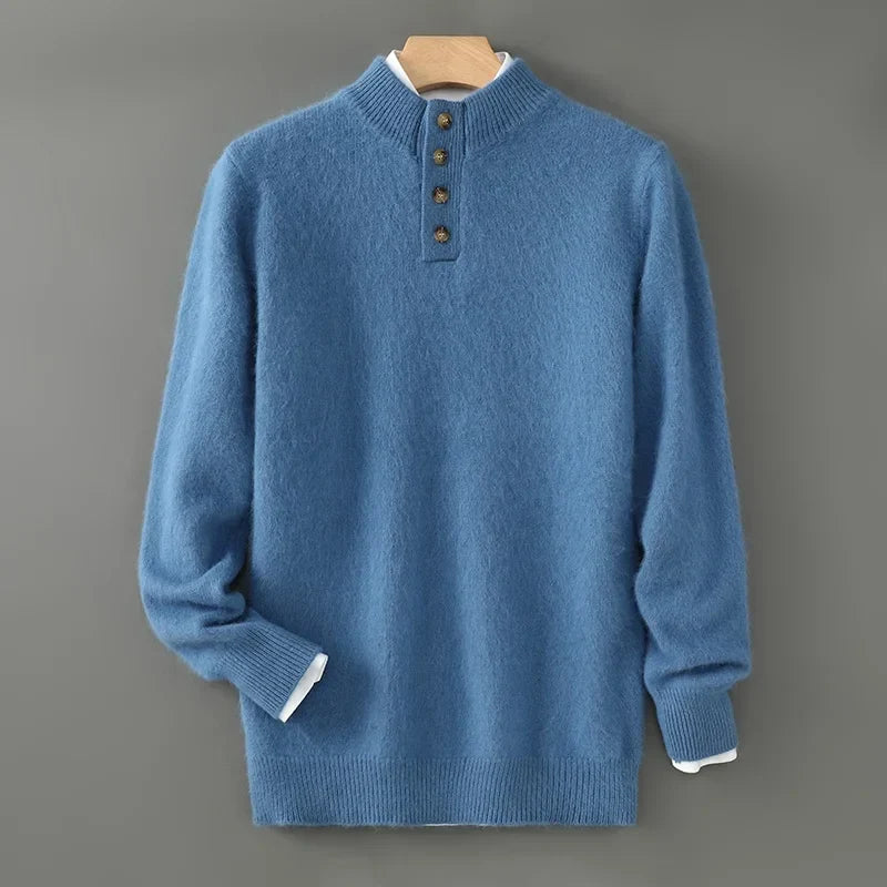 Men's Brushed Wool Sweater | Button Placket Pullover - Blue