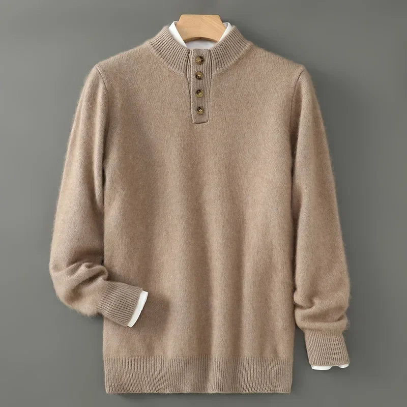 Men's Brushed Wool Sweater | Button Placket Pullover - Khaki
