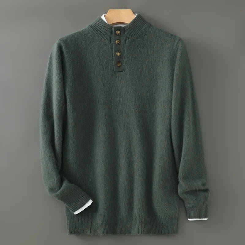 Men's Brushed Wool Sweater | Button Placket Pullover - Olive Green