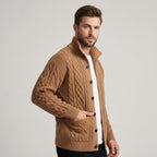 Men's Cable Knit Button-Front Cardigan - Sienna Brown - on model