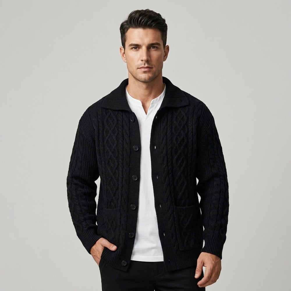 Men's Cable Knit Button-Front Cardigan - Charcoal - on model