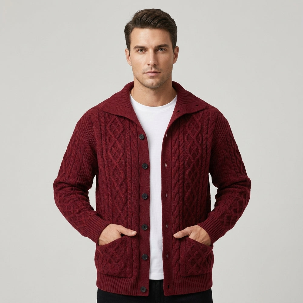Men's Cable Knit Button-Front Cardigan - Crimson - on model