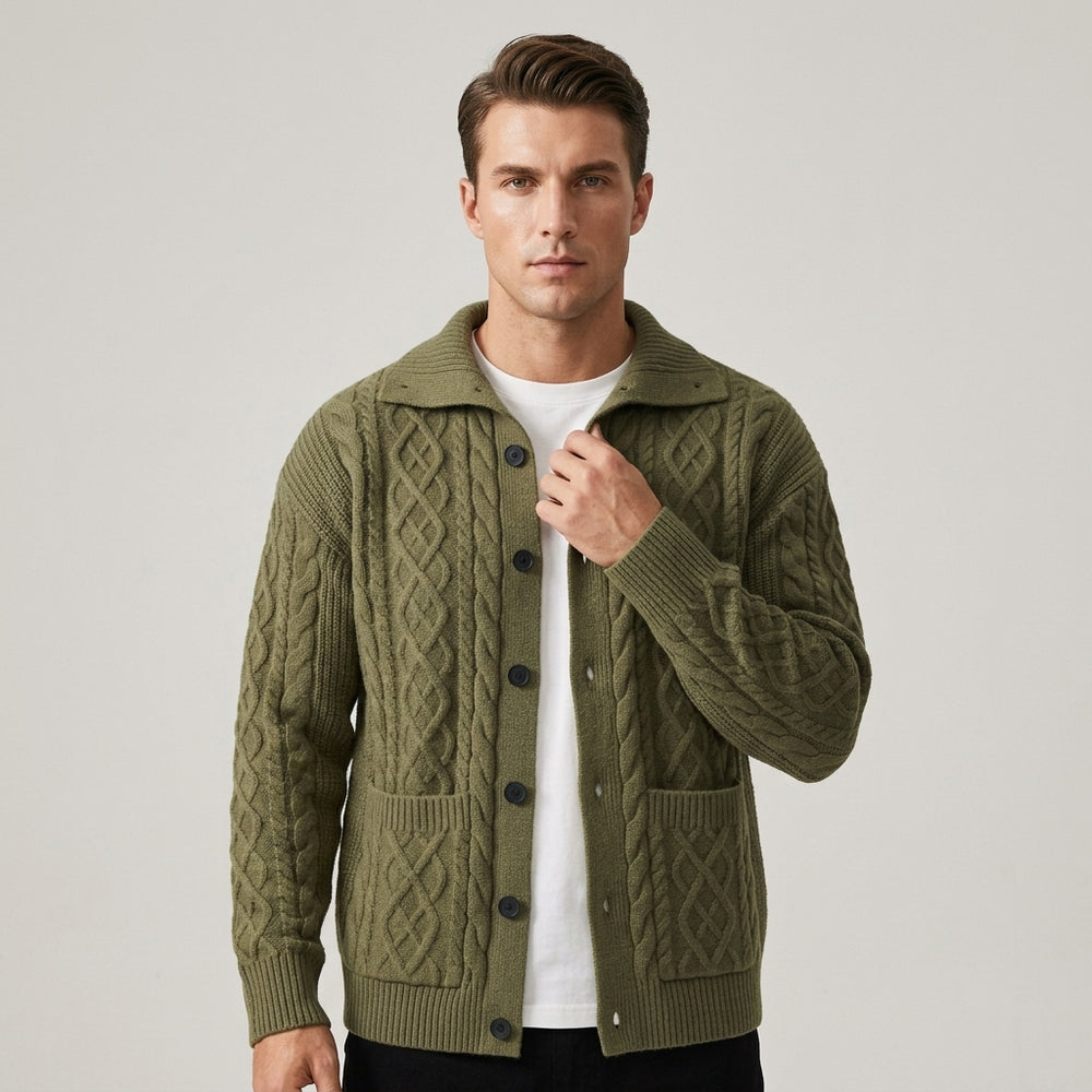 Men's Cable Knit Button-Front Cardigan - Forest Green - on model
