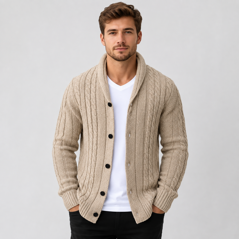 Men's Cable Knit Button-Front Cardigan - Apricot - on model