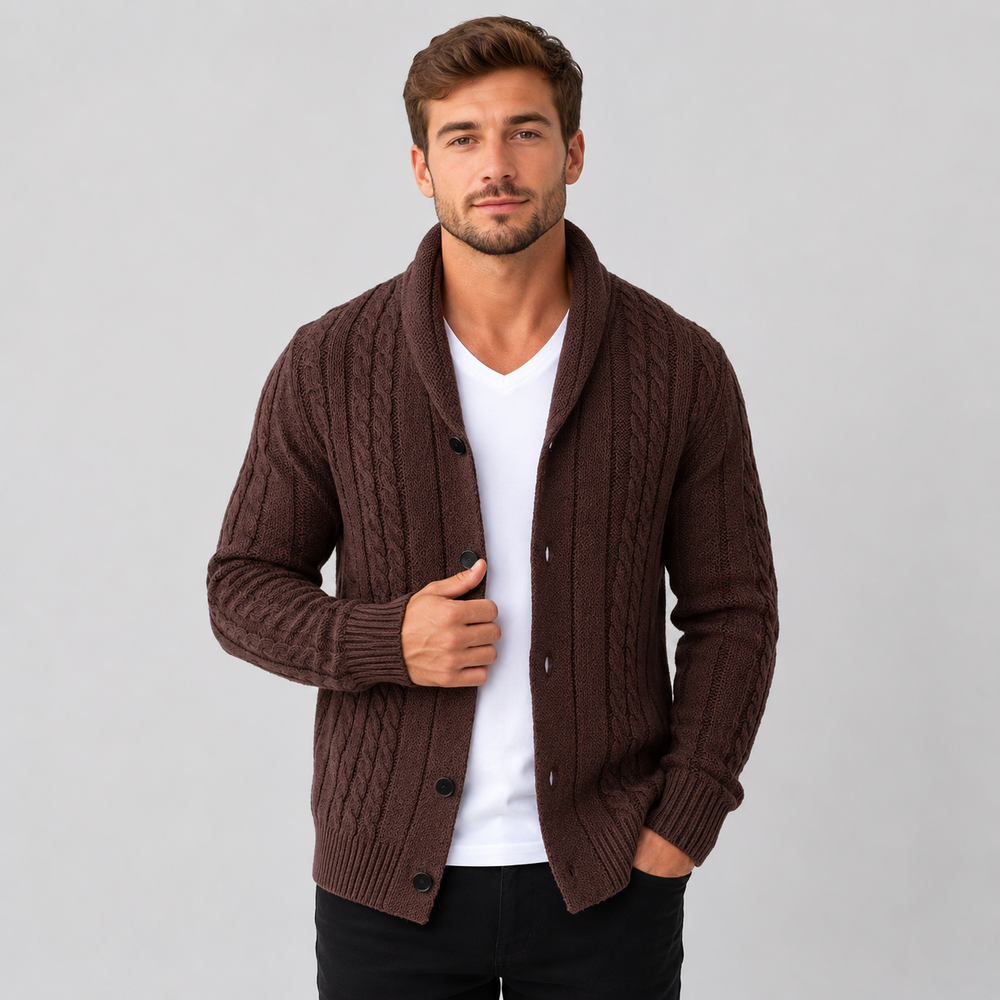 Men's Cable Knit Button-Front Cardigan - Coffee Brown - on model
