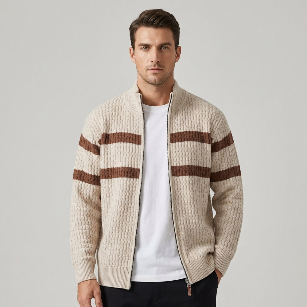 Men's Cable Knit Full-Zip Cardigan - Beige - on model