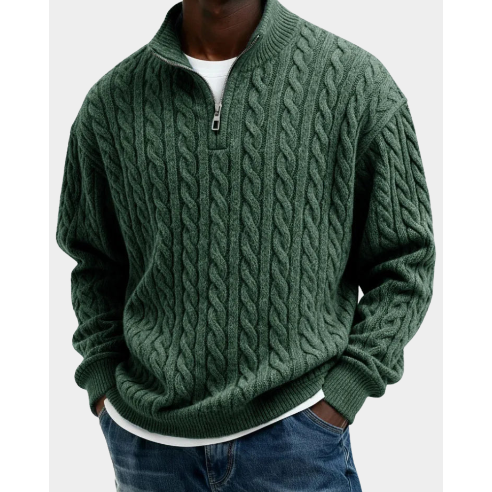 Men's Cable Knit Quarter-Zip Sweater - Army Green