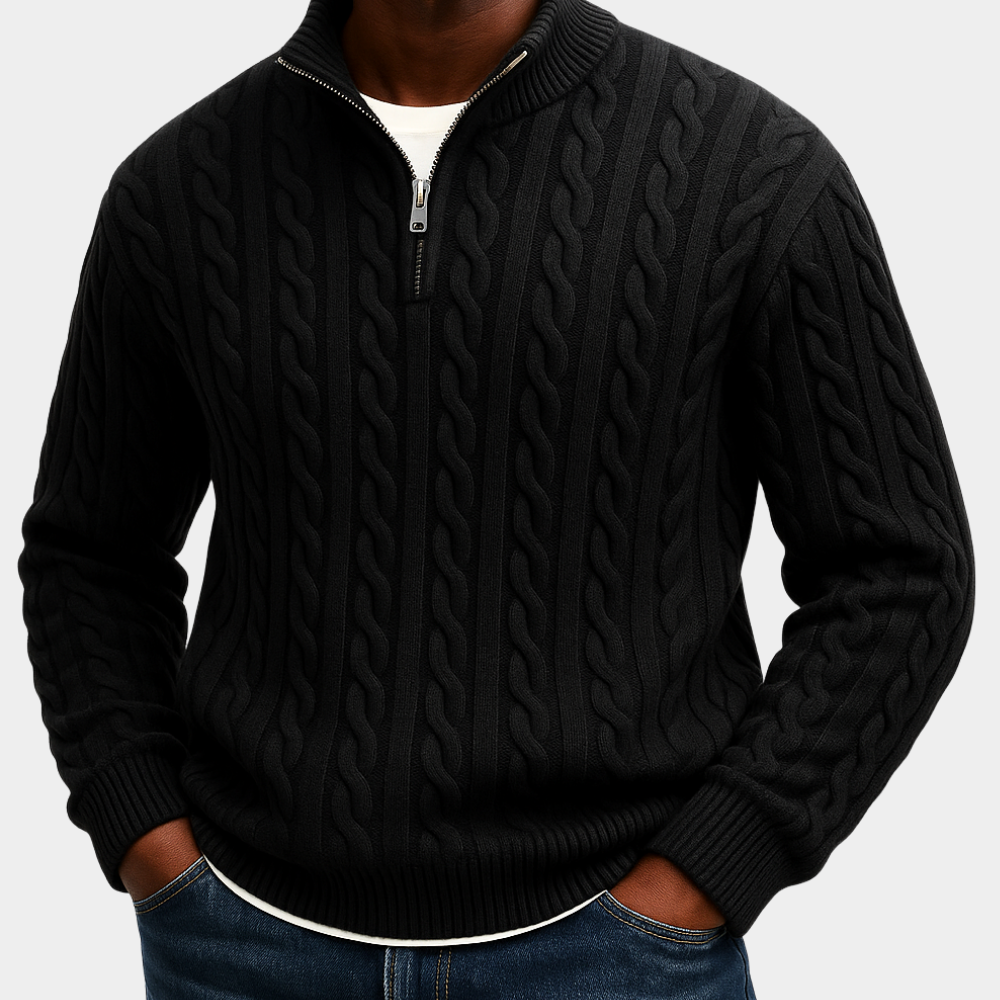 Men's Cable Knit Quarter-Zip Sweater - Black