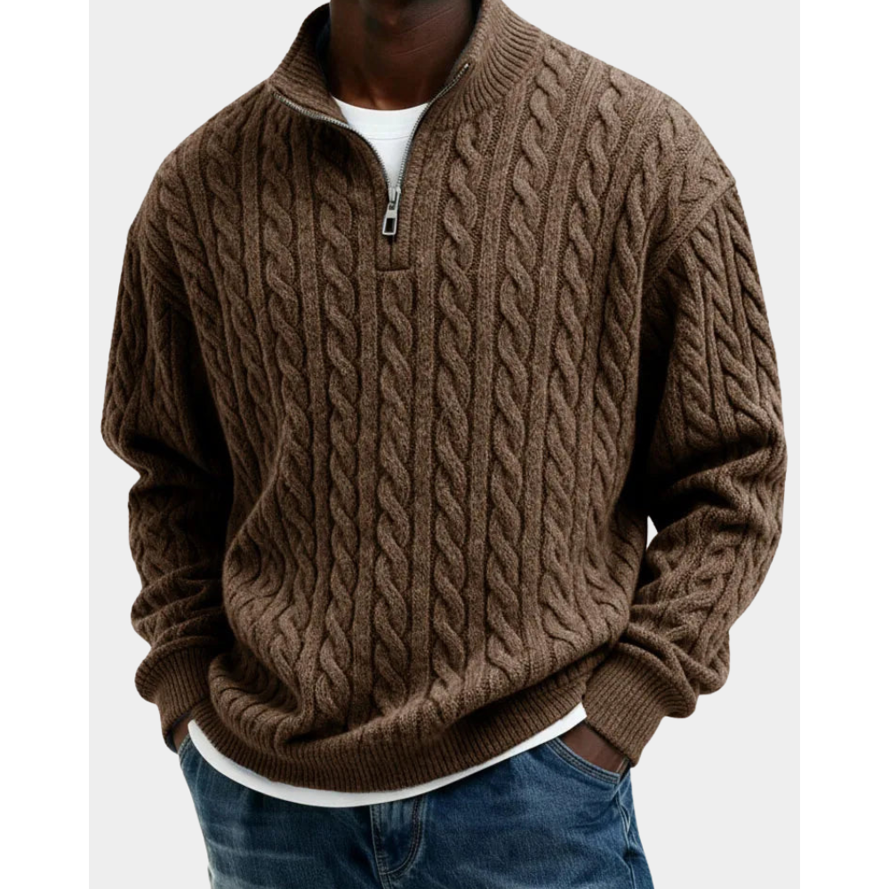 Men's Cable Knit Quarter-Zip Sweater - Brown