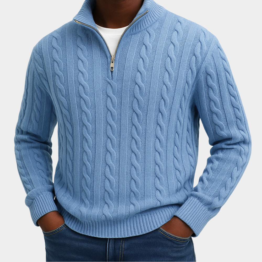 Men's Cable Knit Quarter-Zip Sweater - Light Blue