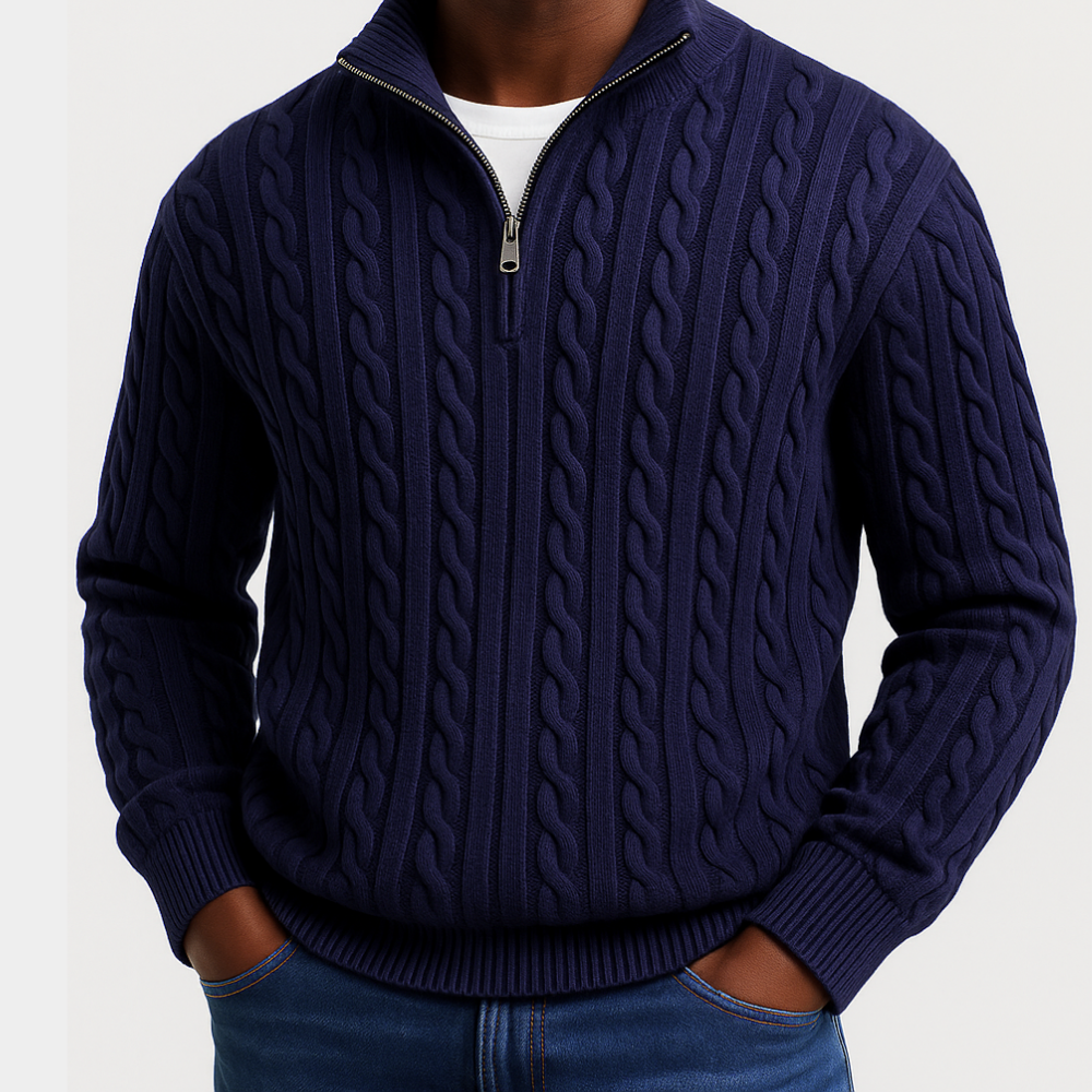 Men's Cable Knit Quarter-Zip Sweater - Navy Blue