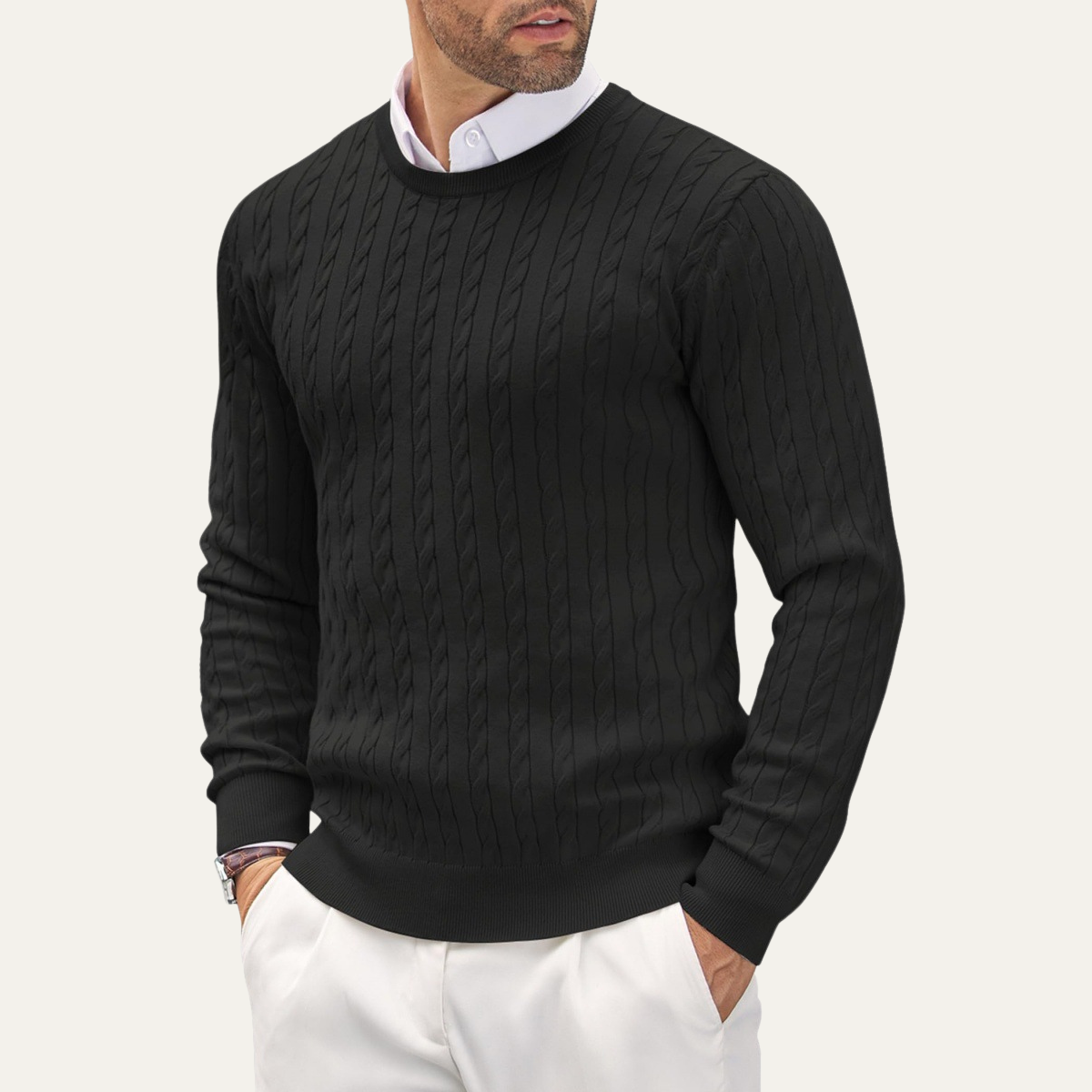 Men's cable knit round neck sweater in Black