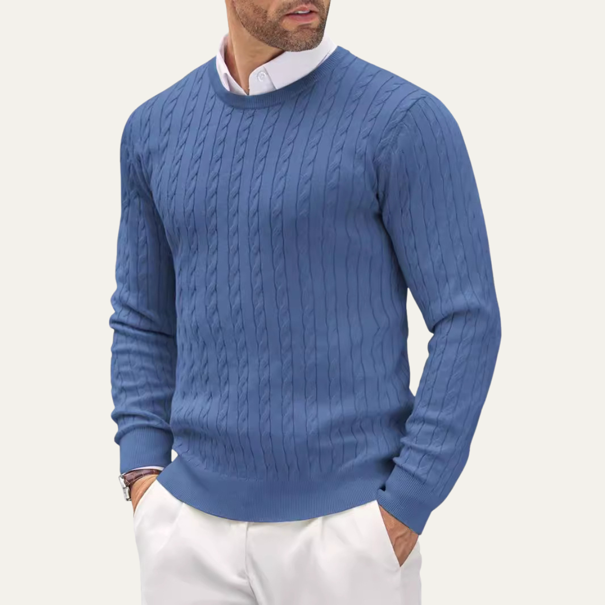 Men's cable knit round neck sweater in Blue