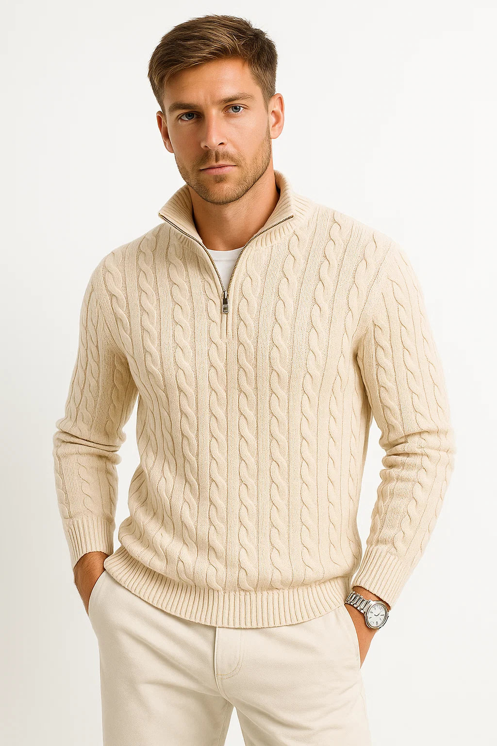 Men's Cable-Knit Zip Sweater | Ribbed Wool-Blend Pullover - Black