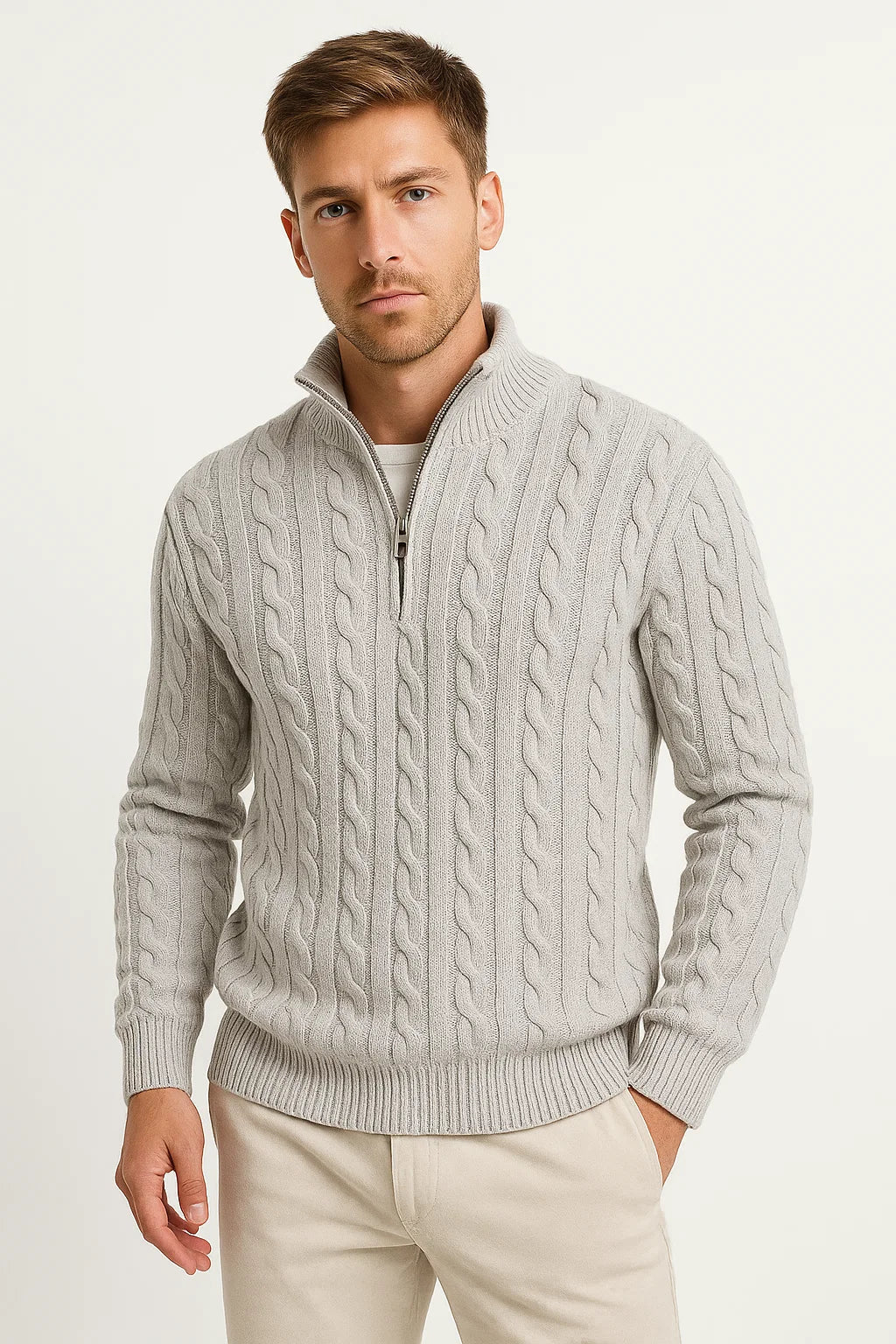 Men's Cable-Knit Zip Sweater | Ribbed Wool-Blend Pullover - Navy