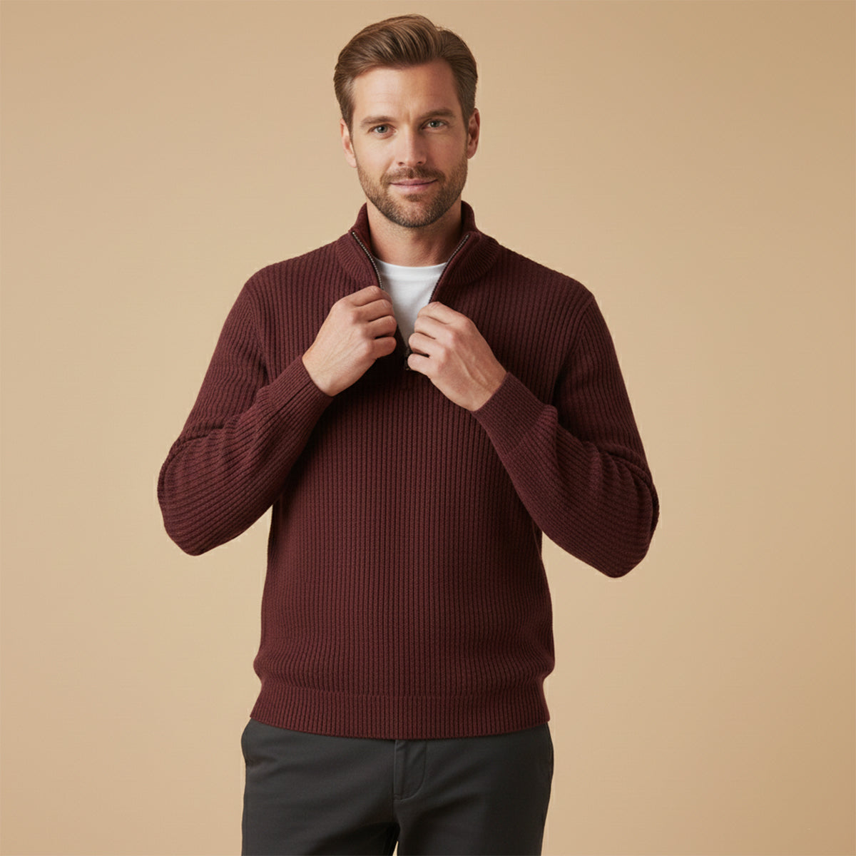 Men's Cashmere Knit Half-Zip Sweater - Burgundy