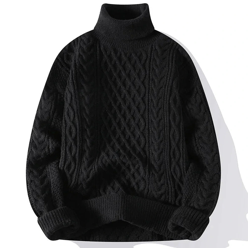 Men's Chunky Cable Knit Turtleneck Sweater - Black