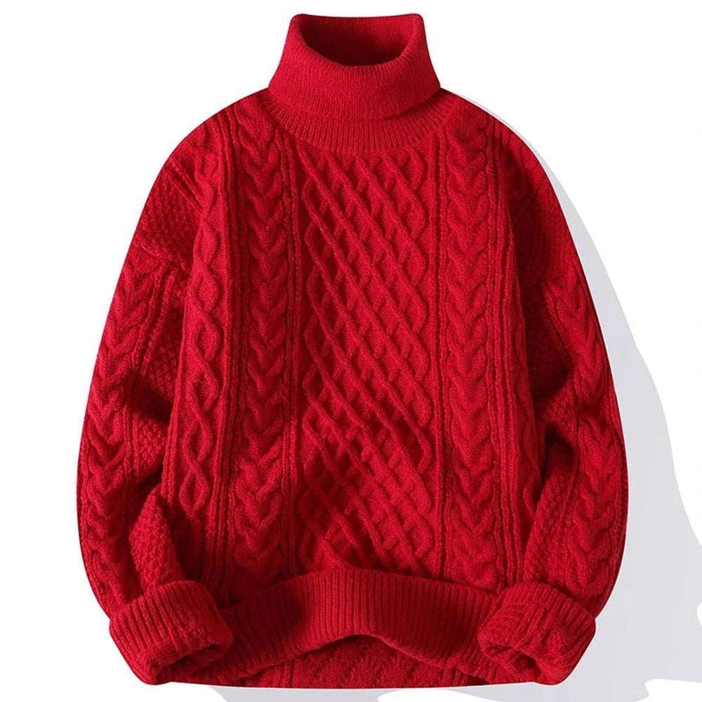 Men's Chunky Cable Knit Turtleneck Sweater - Red