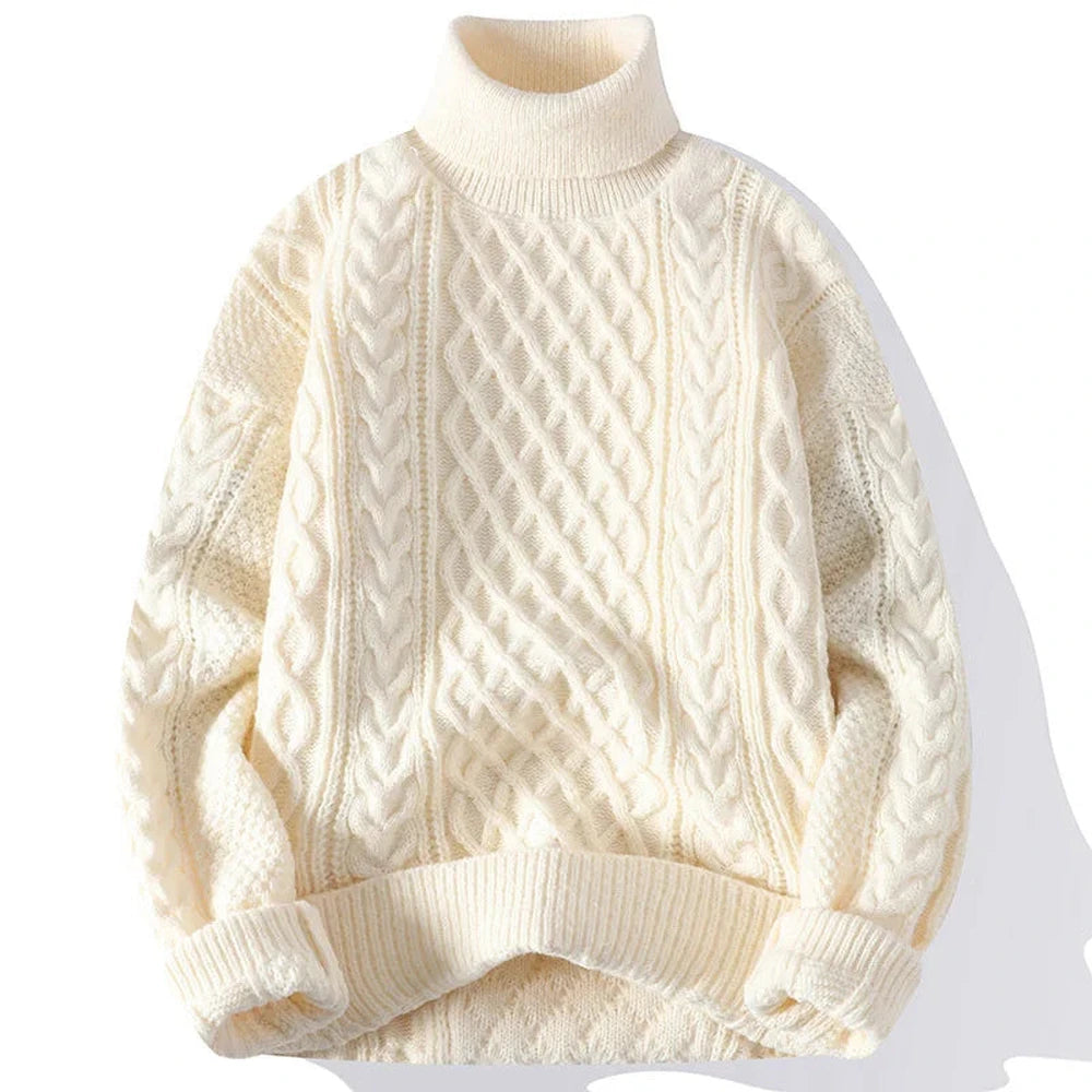Men's Chunky Cable Knit Turtleneck Sweater - White