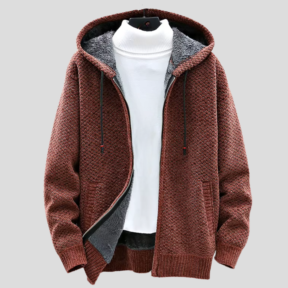Chunky Knit Full-Zip Hoodie - Brown