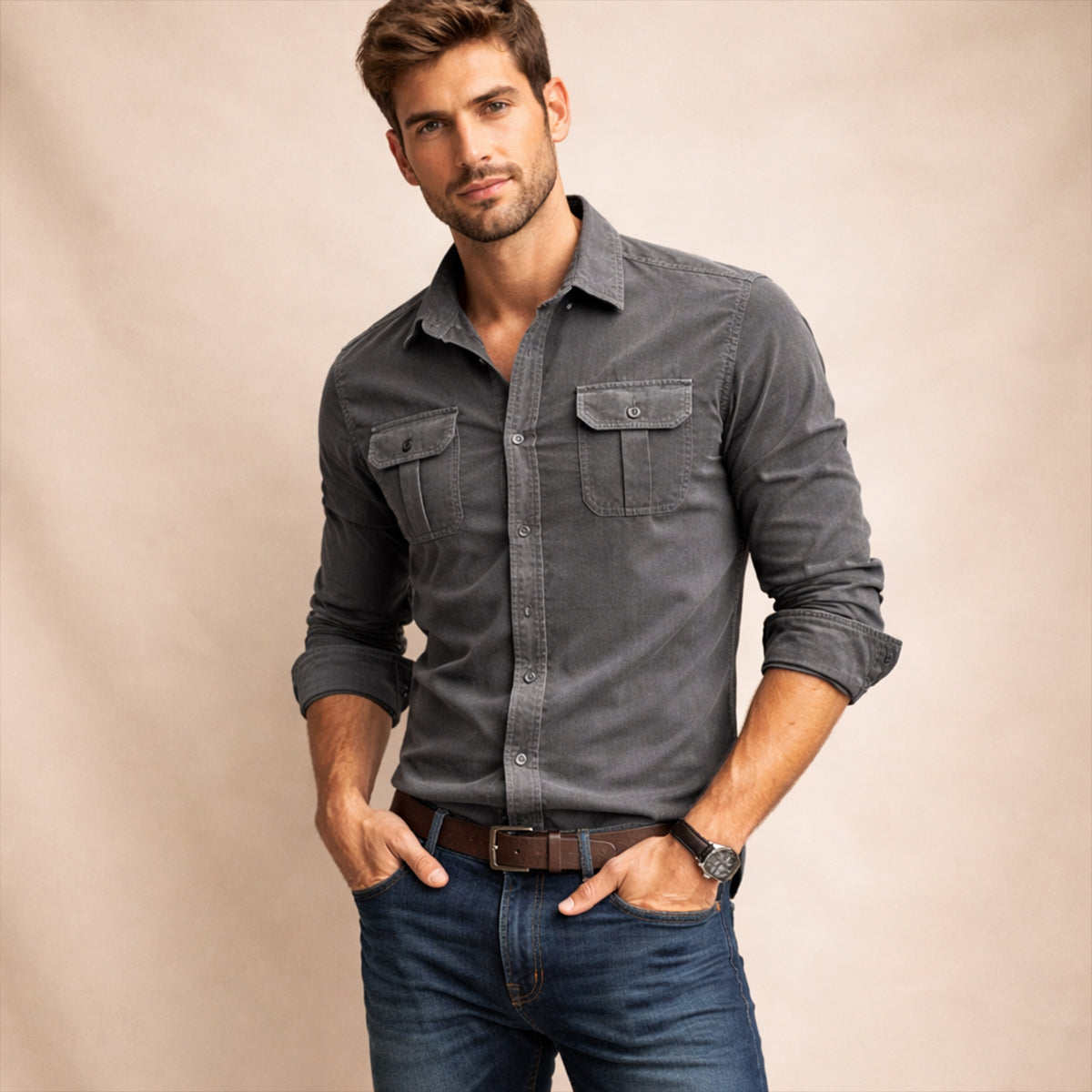 Men's Corduroy Button-Down Shirt - Grey
