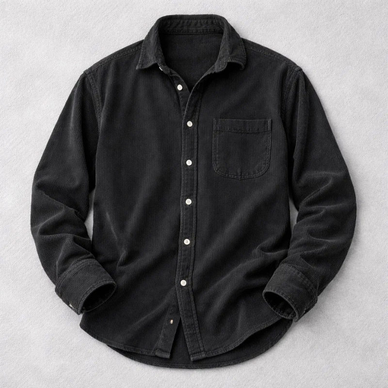 Men's Corduroy Button-Up Shirt with Chest Pocket - Black