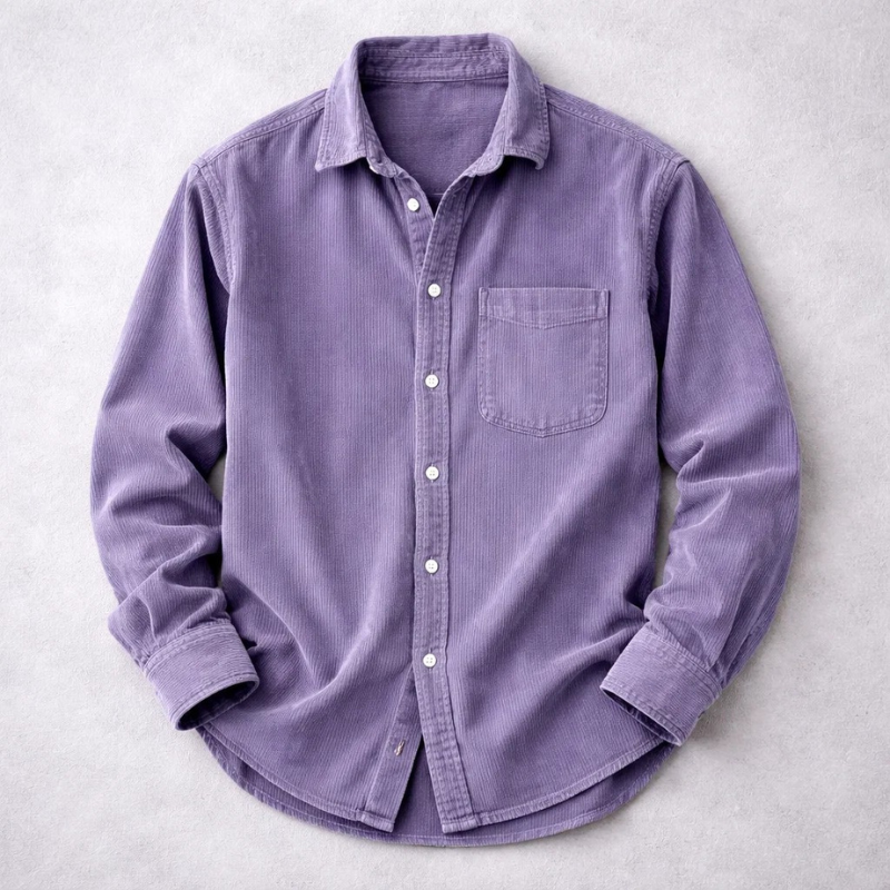 Men's Corduroy Button-Up Shirt with Chest Pocket - Purple