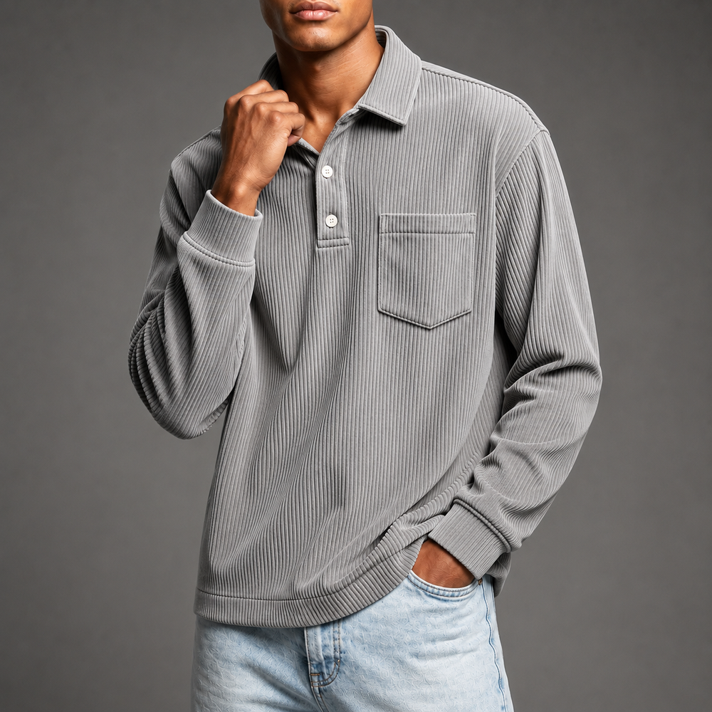 Men's Corduroy Polo Pullover - Gray - on model