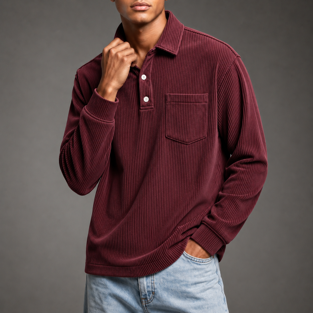 Men's Corduroy Polo Pullover - Maroon - on model