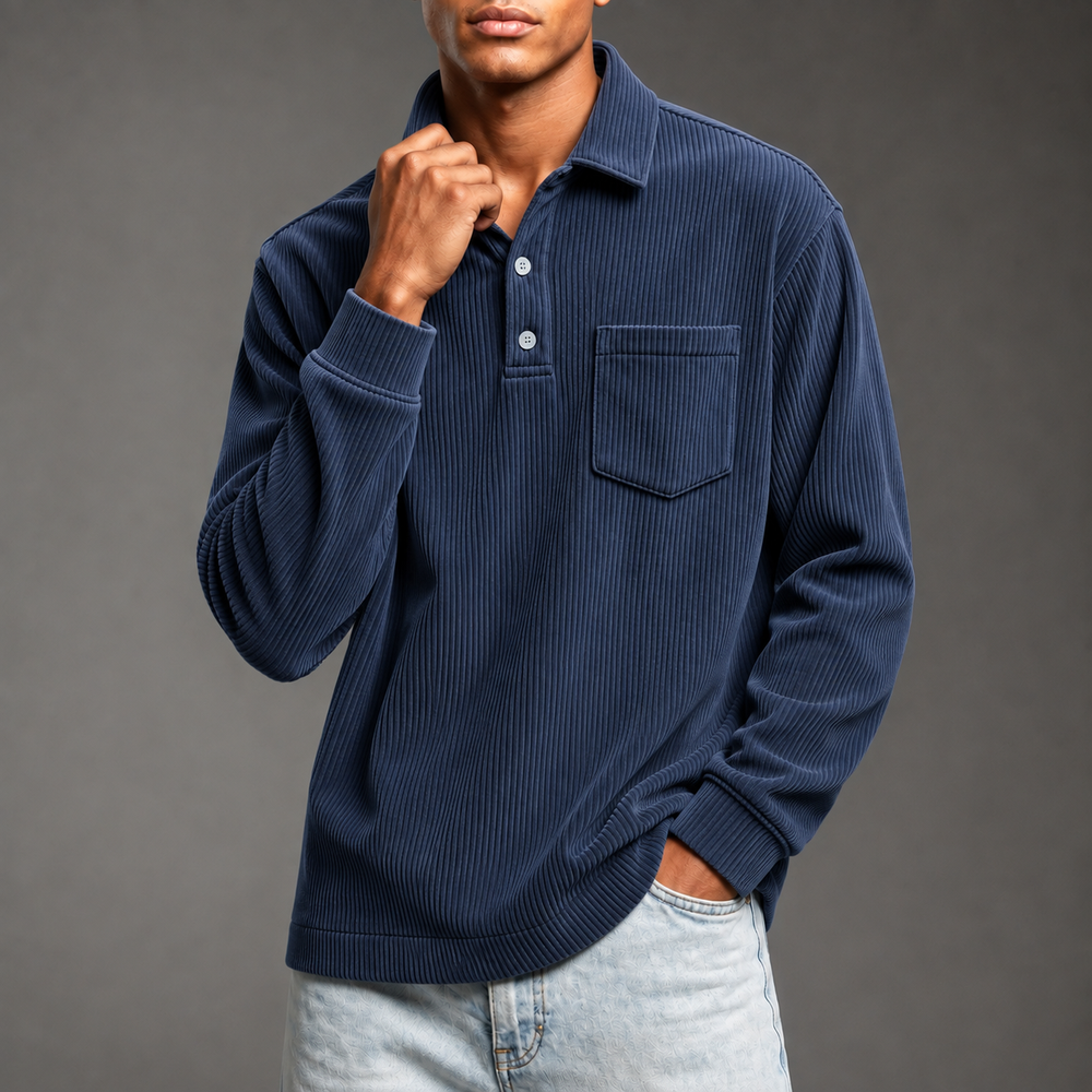 Men's Corduroy Polo Pullover - Navy Blue - on model