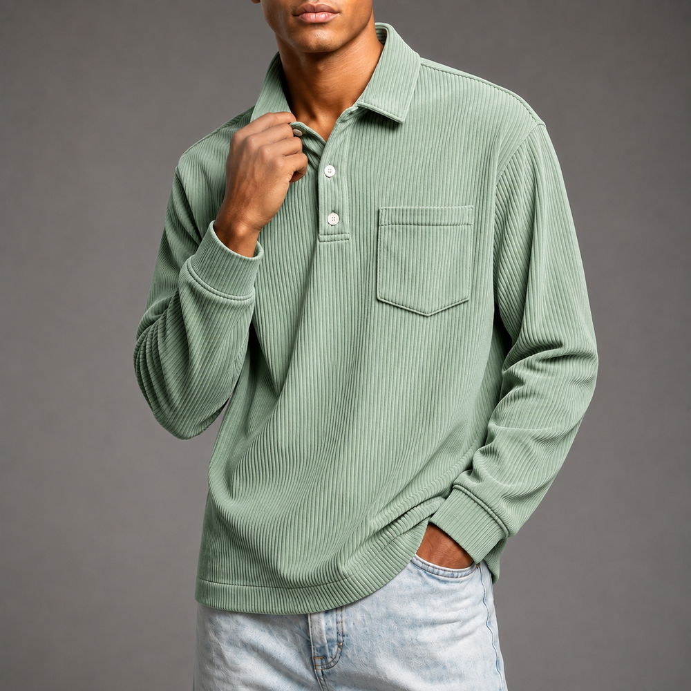 Men's Corduroy Polo Pullover - Sea Foam - on model