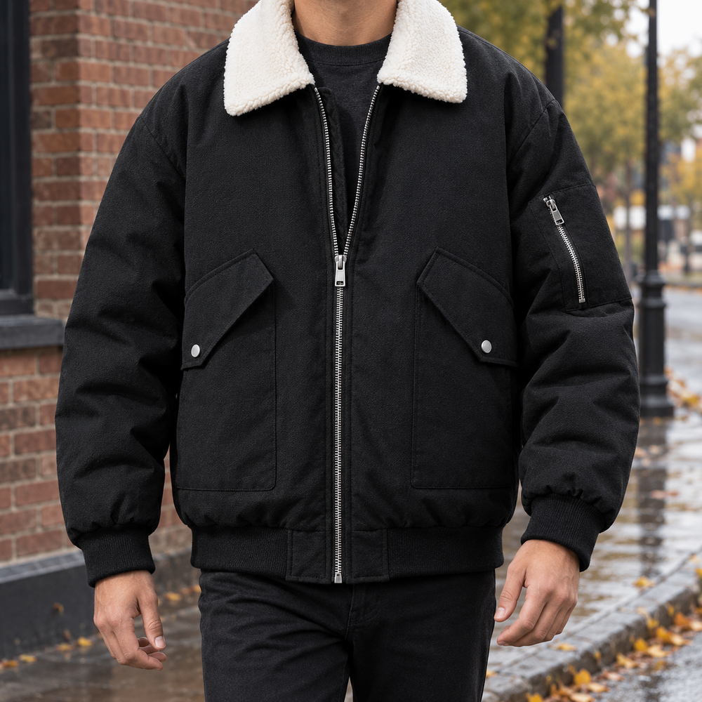 Men's Cotton Blend Aviator Jacket - Black - on model