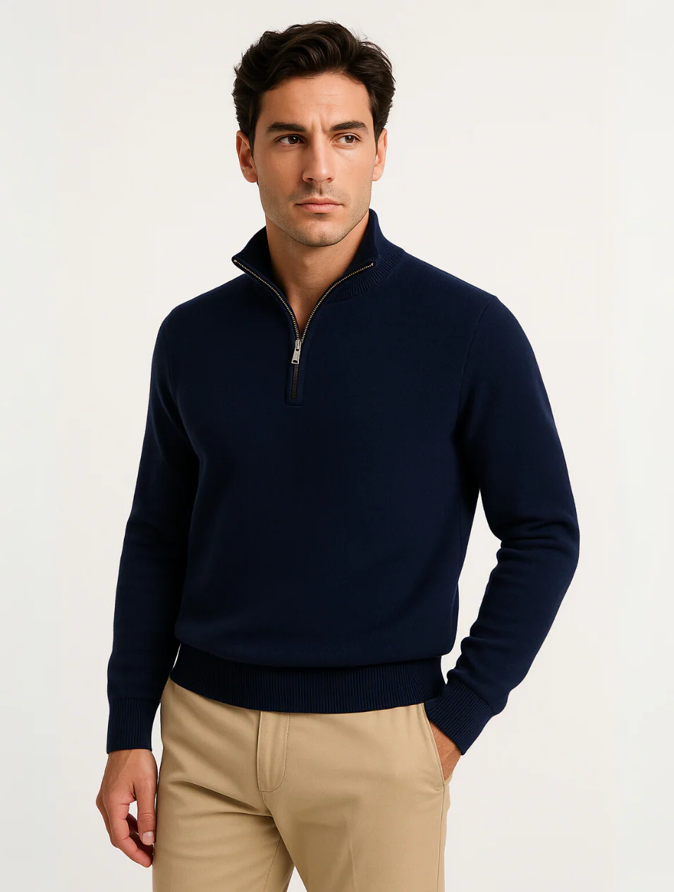 Men's cotton knit half-zip sweater lifestyle photo