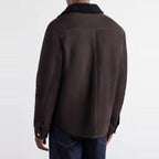 Men's Dark Brown Suede Jacket with Shearling Collar - on model