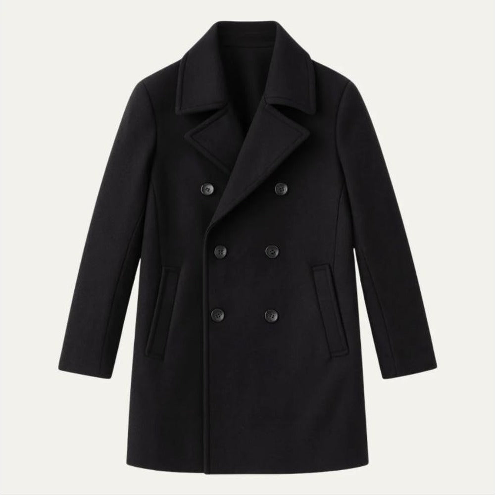 Ashcombe & Reid wool blend double-breasted peacoat in black, front view
